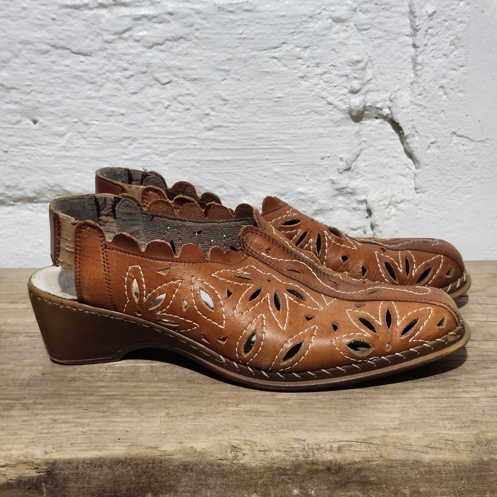 Rieker Antistress Tan Leather Floral Laser Cut Slingback Wedge Clogs EU 41 Boho